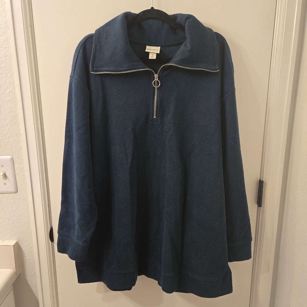 Ava & Viv Blue Split Hem Tunic Thick Ribbed Material with Cute Zipper Detail 1X
